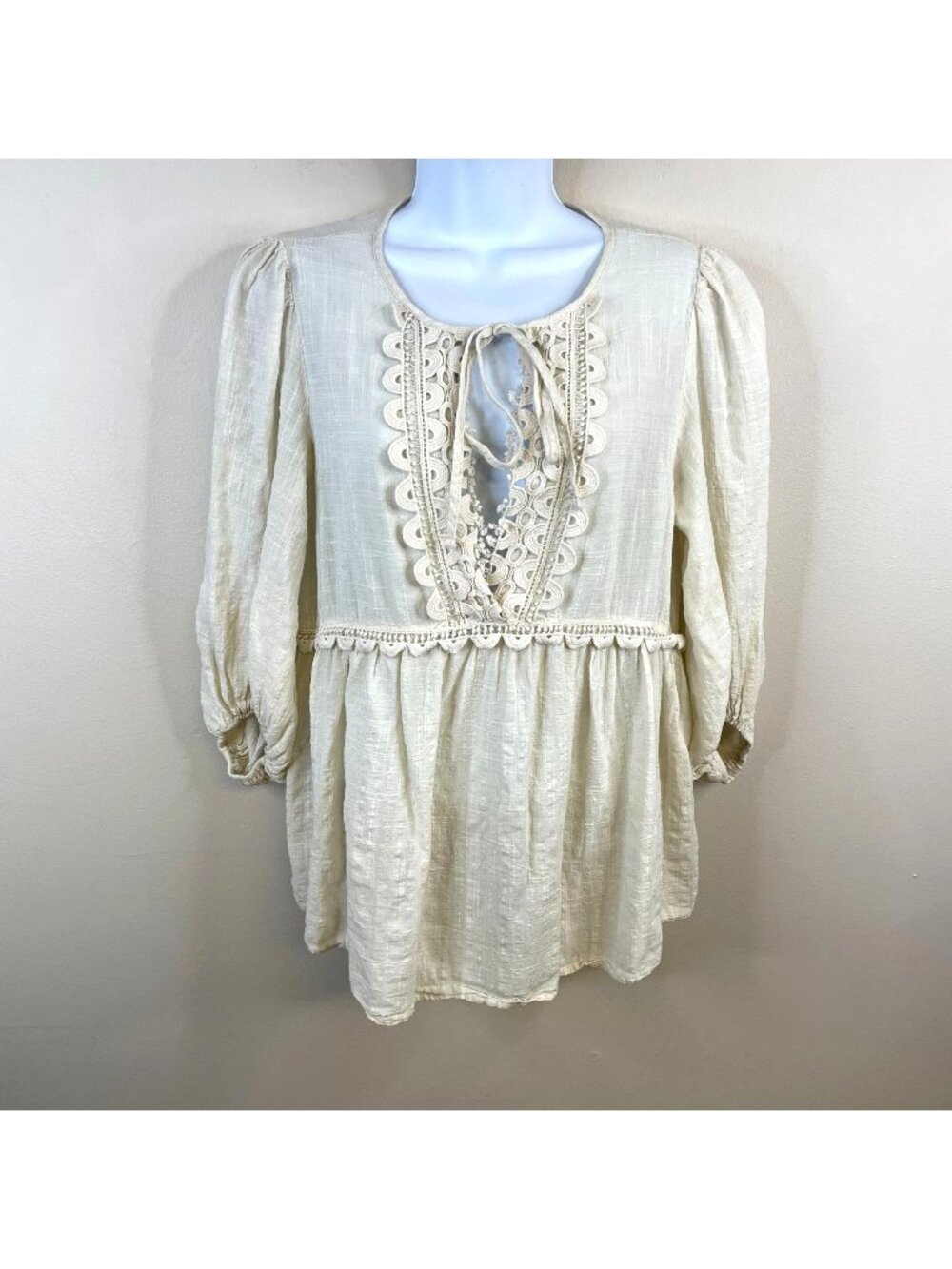Max Studio Boho Crochet Top Medium Ivory Cottagecore Peasant Balloon Sleeve‎